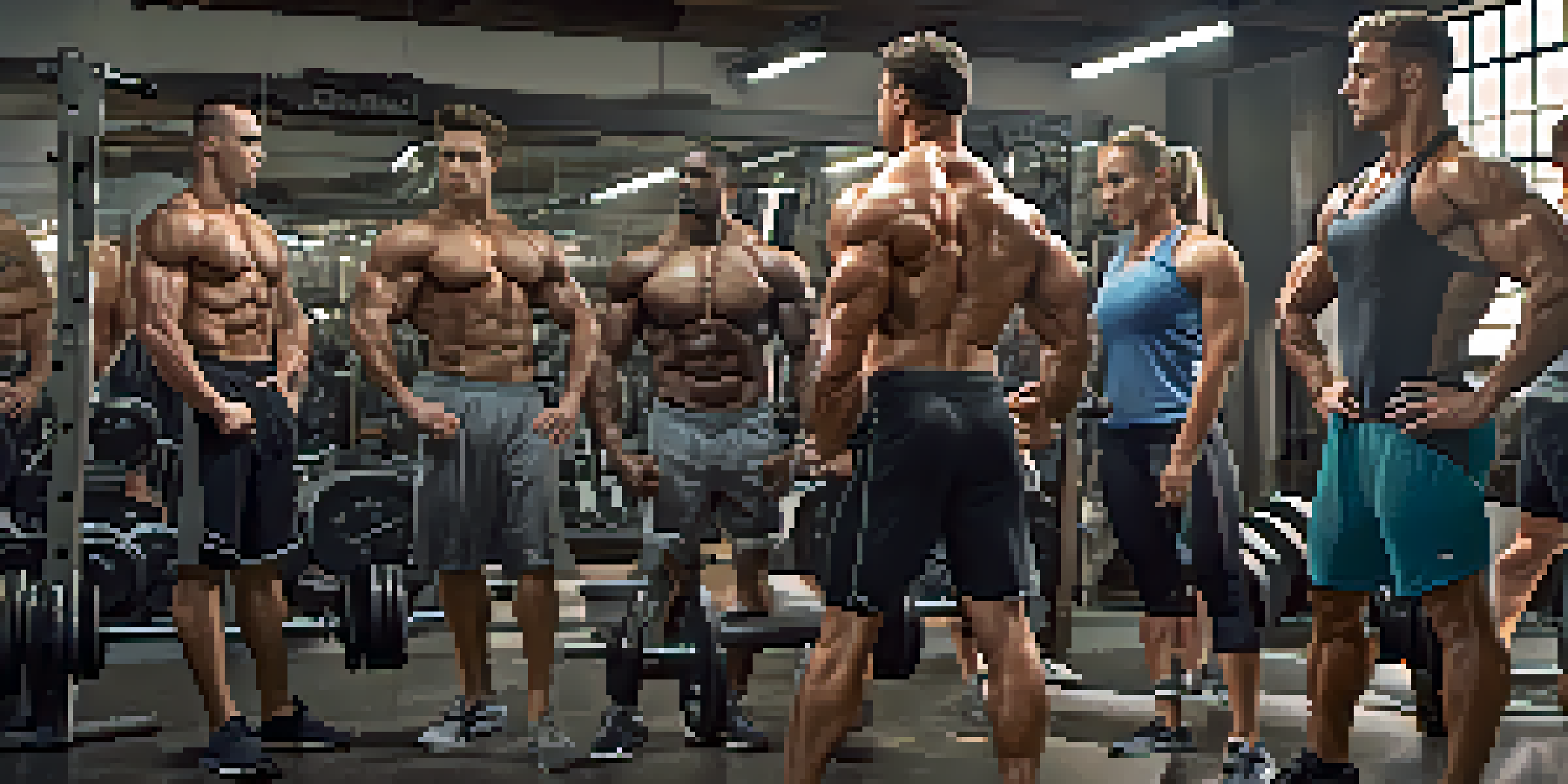A diverse group of bodybuilders supporting each other in a gym, one lifting weights while the other spots, showcasing determination and teamwork.