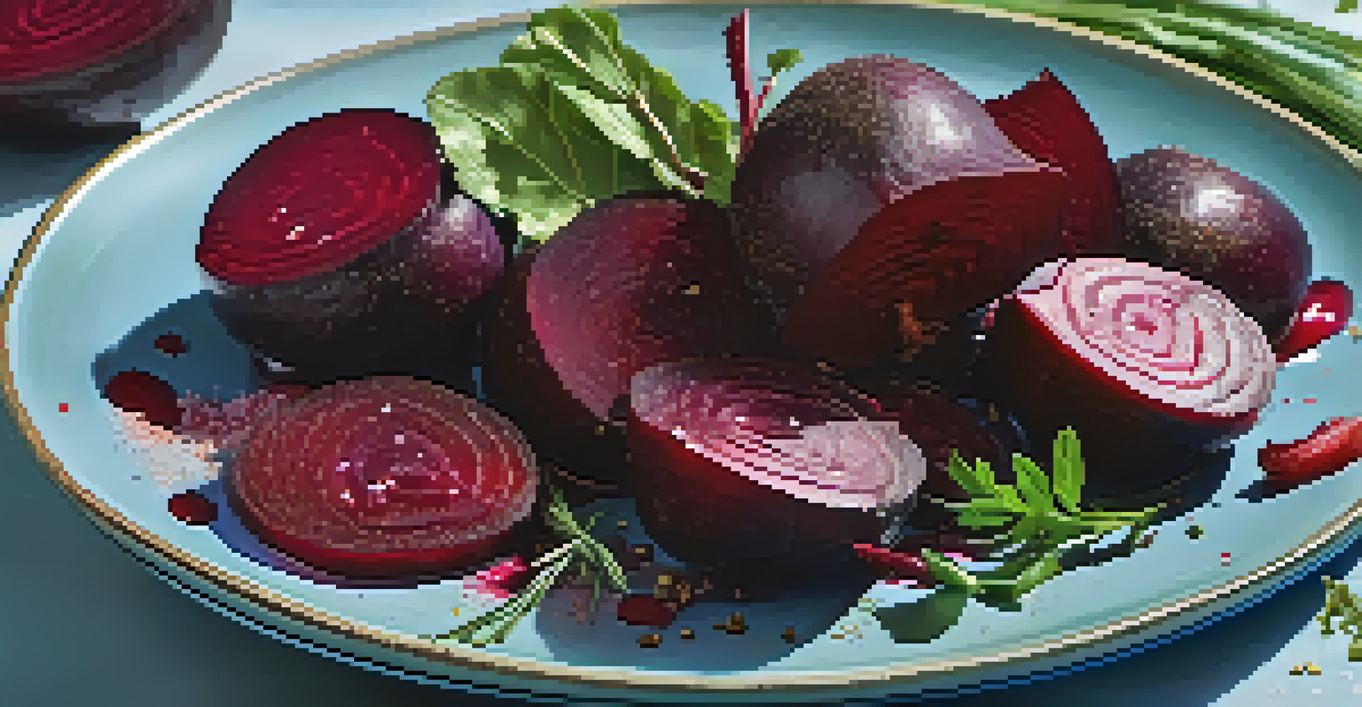 Roasted beets on a plate with olive oil and sea salt, accompanied by beetroot powder and fresh herbs in the background.