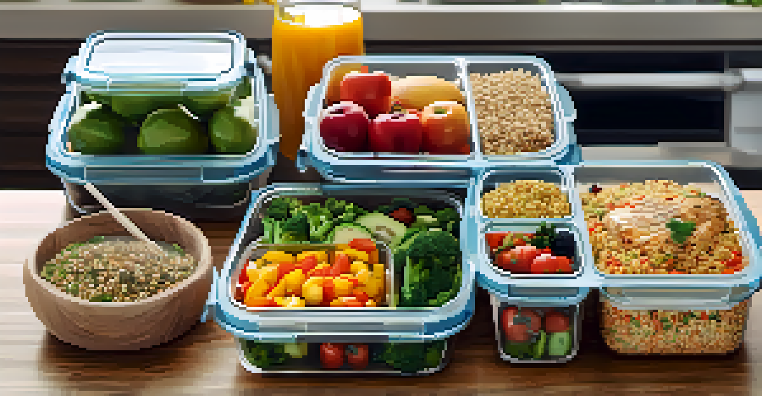 A close-up of a meal prep scene with colorful containers filled with grilled chicken, quinoa, vegetables, and fruits, along with a glass of water.