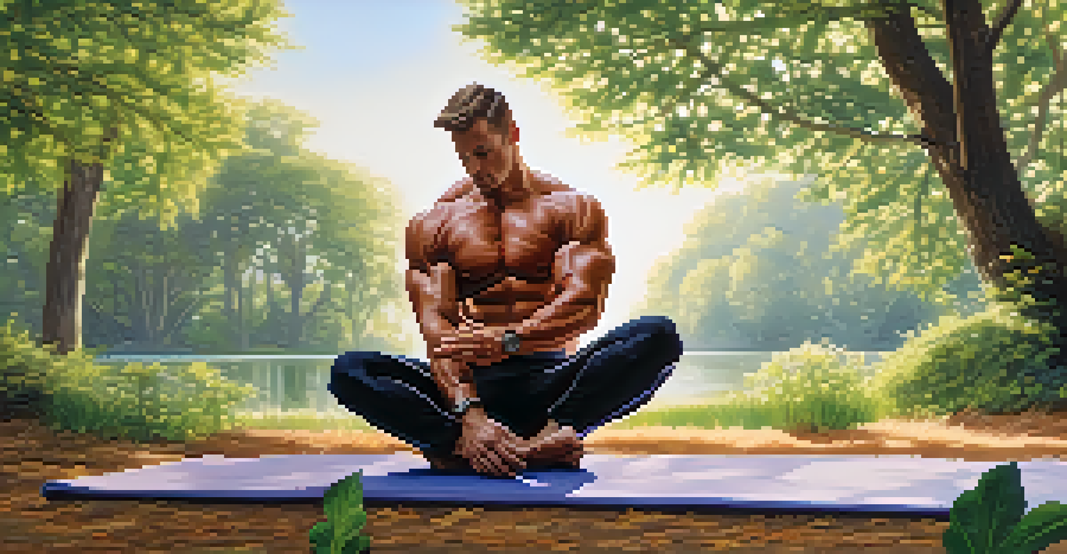 A bodybuilder stretching on a yoga mat in a park, surrounded by nature and sunlight filtering through the trees, emphasizing recovery in fitness.