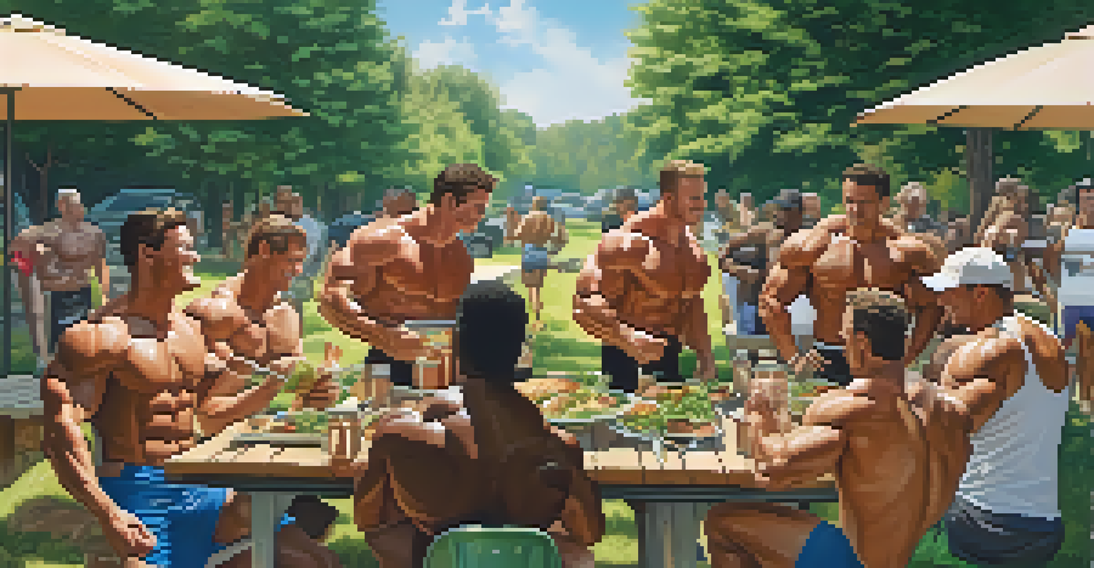 A group of bodybuilders enjoying a healthy meal at a picnic table outdoors, surrounded by lush greenery, sharing laughter and camaraderie.