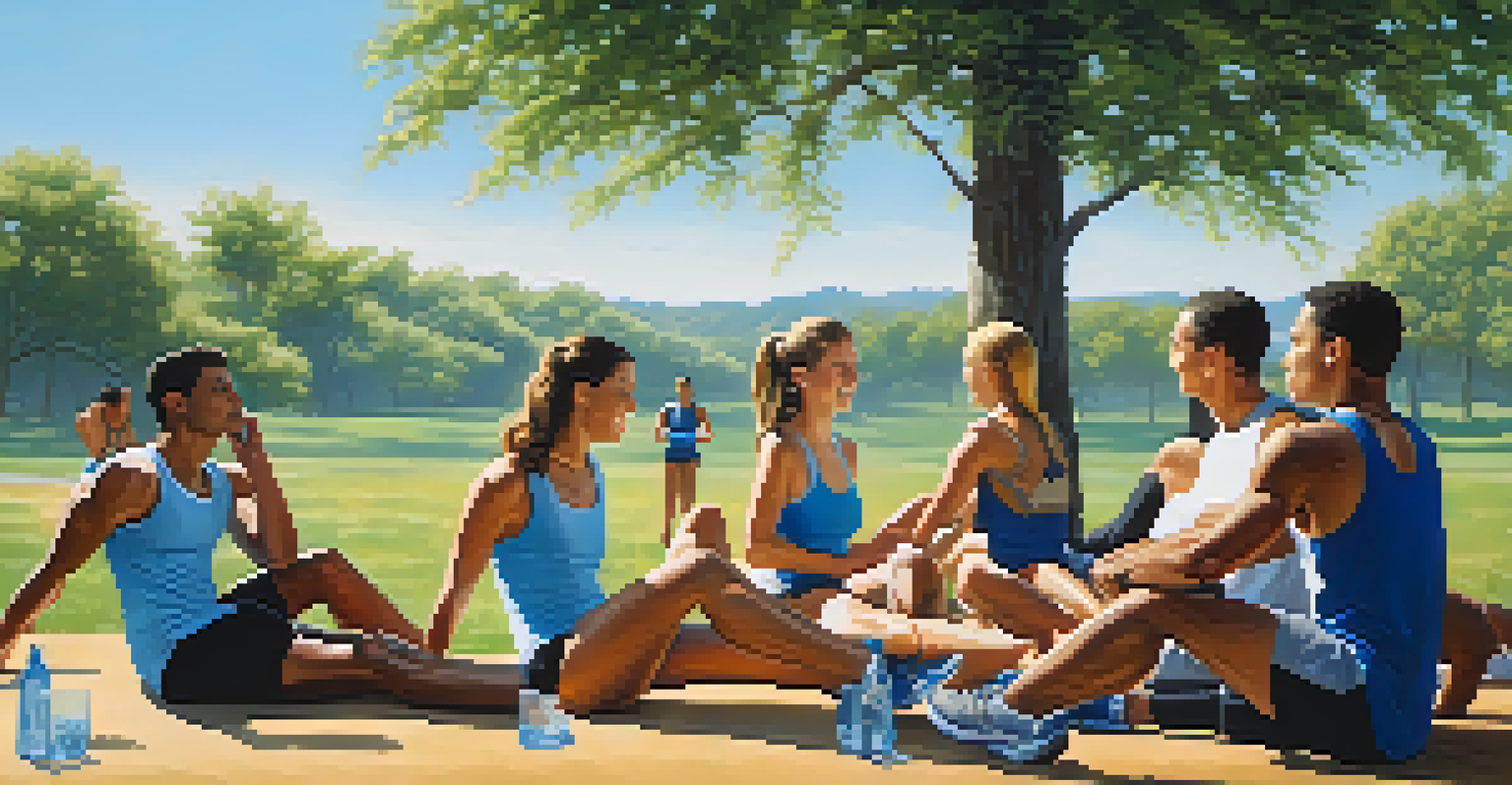 A group of athletes cooling down outdoors after a workout, stretching and hydrating in a relaxed and green environment.
