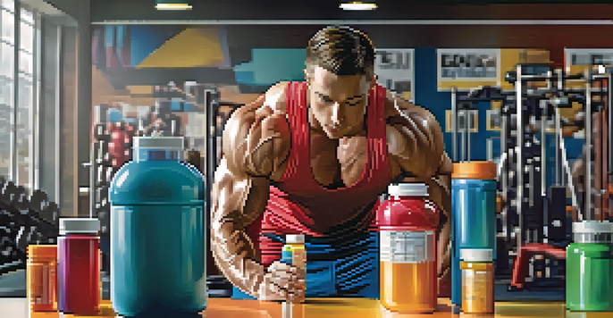 A bodybuilding athlete mixing protein powder in a shaker bottle in a gym setting, with weights in the background.