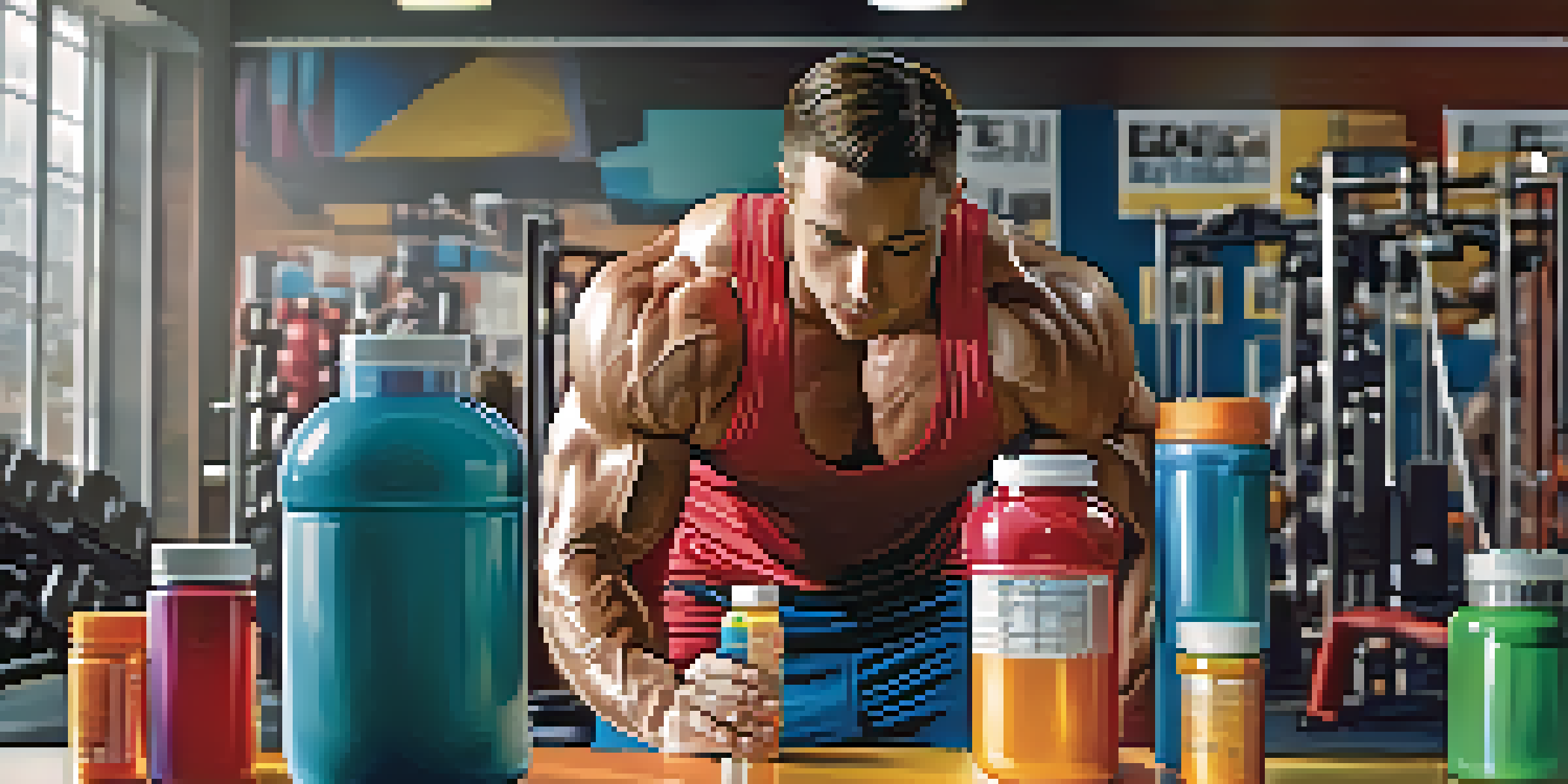 A bodybuilding athlete mixing protein powder in a shaker bottle in a gym setting, with weights in the background.