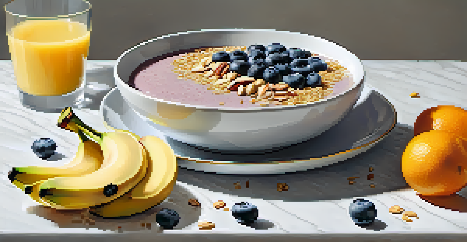 A smoothie bowl with flaxseeds, banana, and blueberries on a marble countertop, with fresh fruit and orange juice in the background.