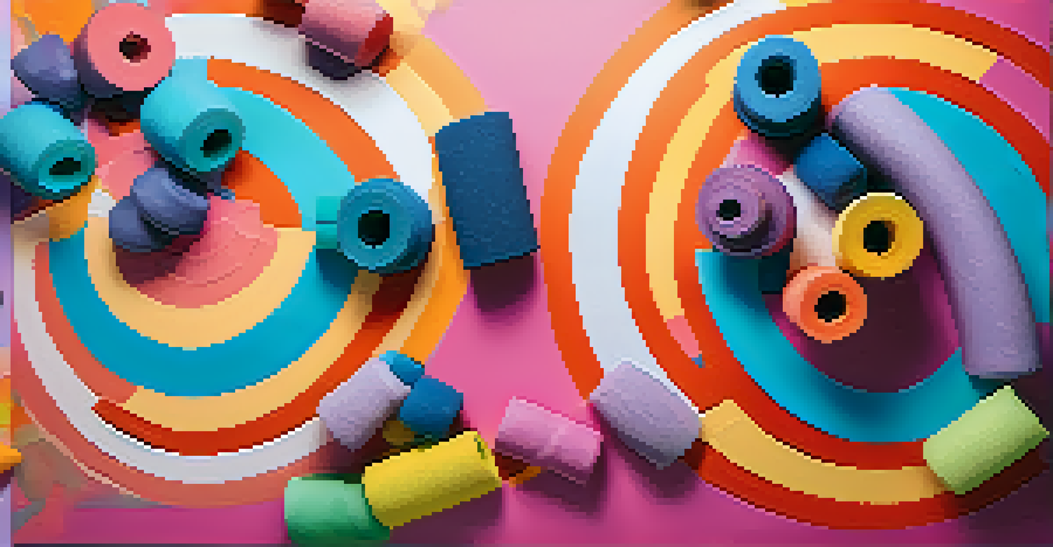 An overhead view of a colorful workout space with various foam rollers and exercise mats, highlighting a motivational fitness environment.