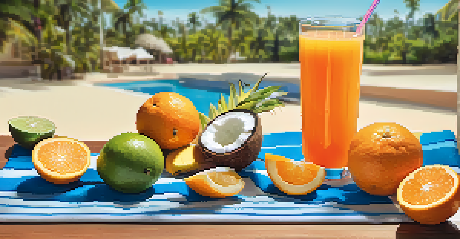 A flat lay of a hydration station with drinks and fresh fruits, including a sports drink and coconut water, arranged beautifully.