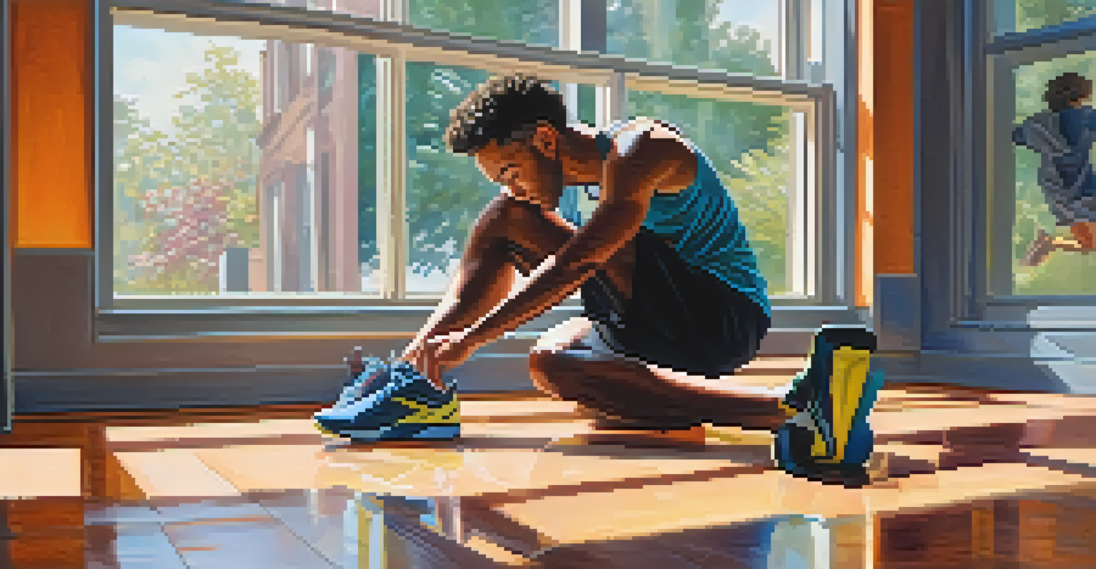 Athlete trying on different colorful workout shoes in front of a mirror in a gym, with natural light illuminating the scene.