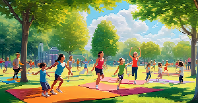 A happy family working out together in a sunny park, doing exercises like jumping jacks and yoga poses.