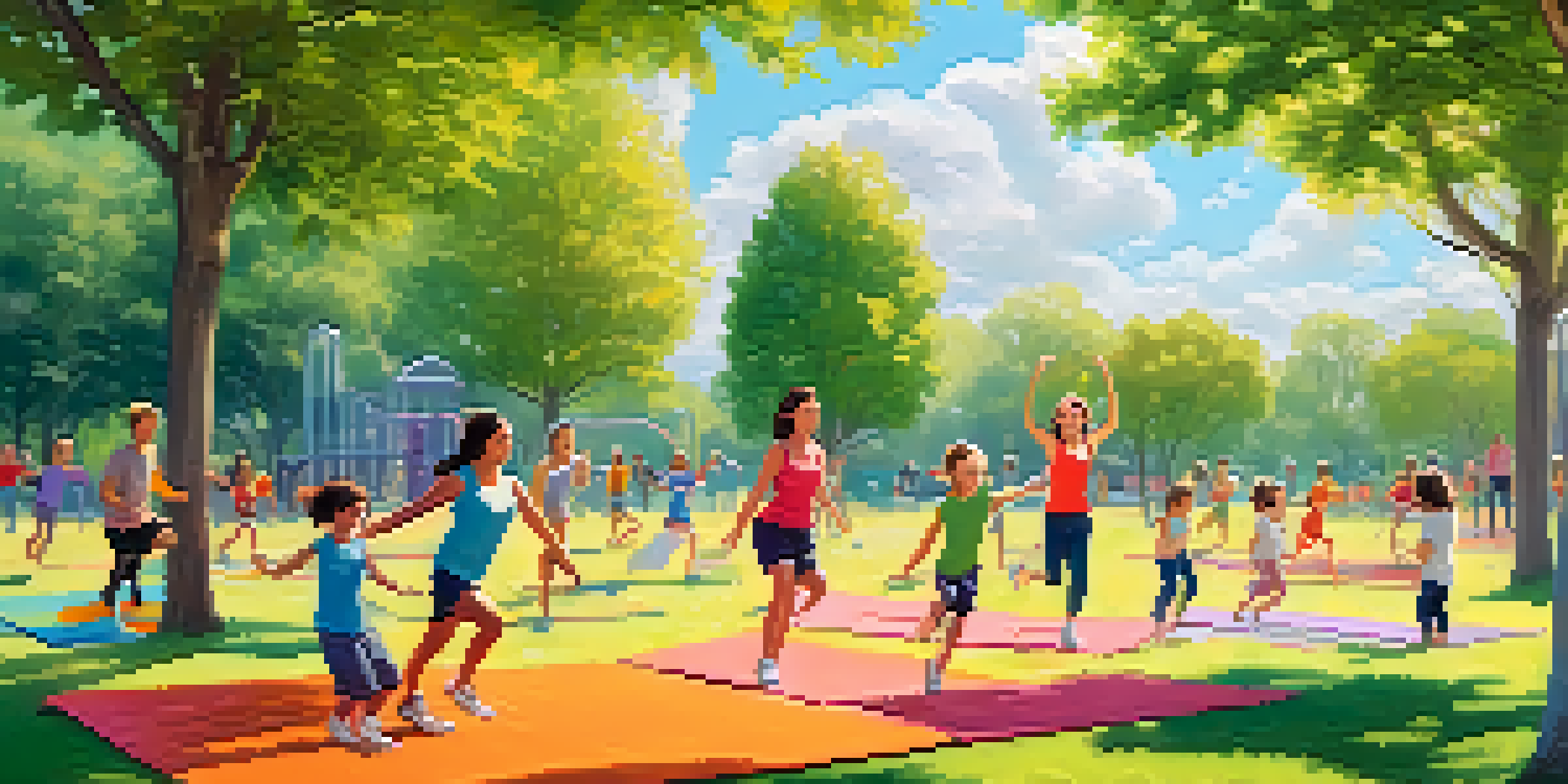 A happy family working out together in a sunny park, doing exercises like jumping jacks and yoga poses.