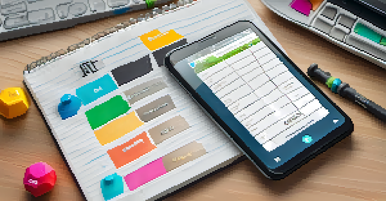 A workspace with a notebook of bodybuilding goals, a smartphone with a fitness app, and a dumbbell, all set against a softly blurred background.