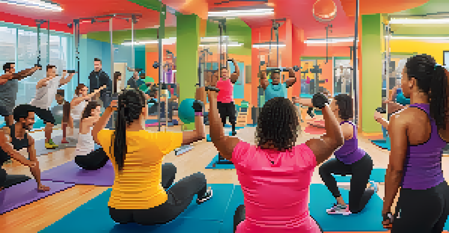 A diverse group of people working out together in a colorful gym, smiling and encouraging each other.