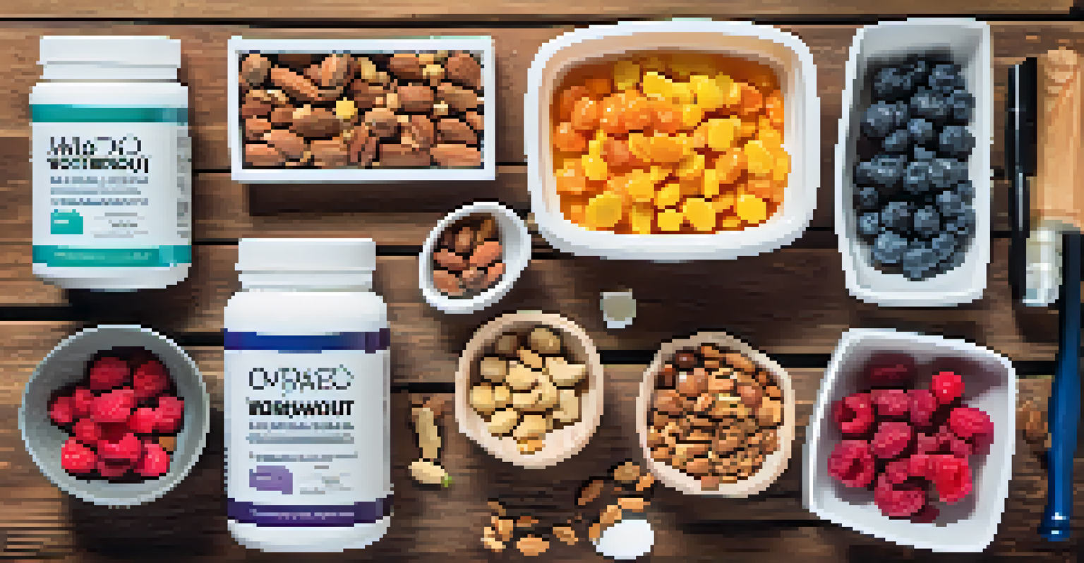 A flat lay of colorful pre-workout supplements and natural ingredients arranged on a wooden table, with a notepad and pen.