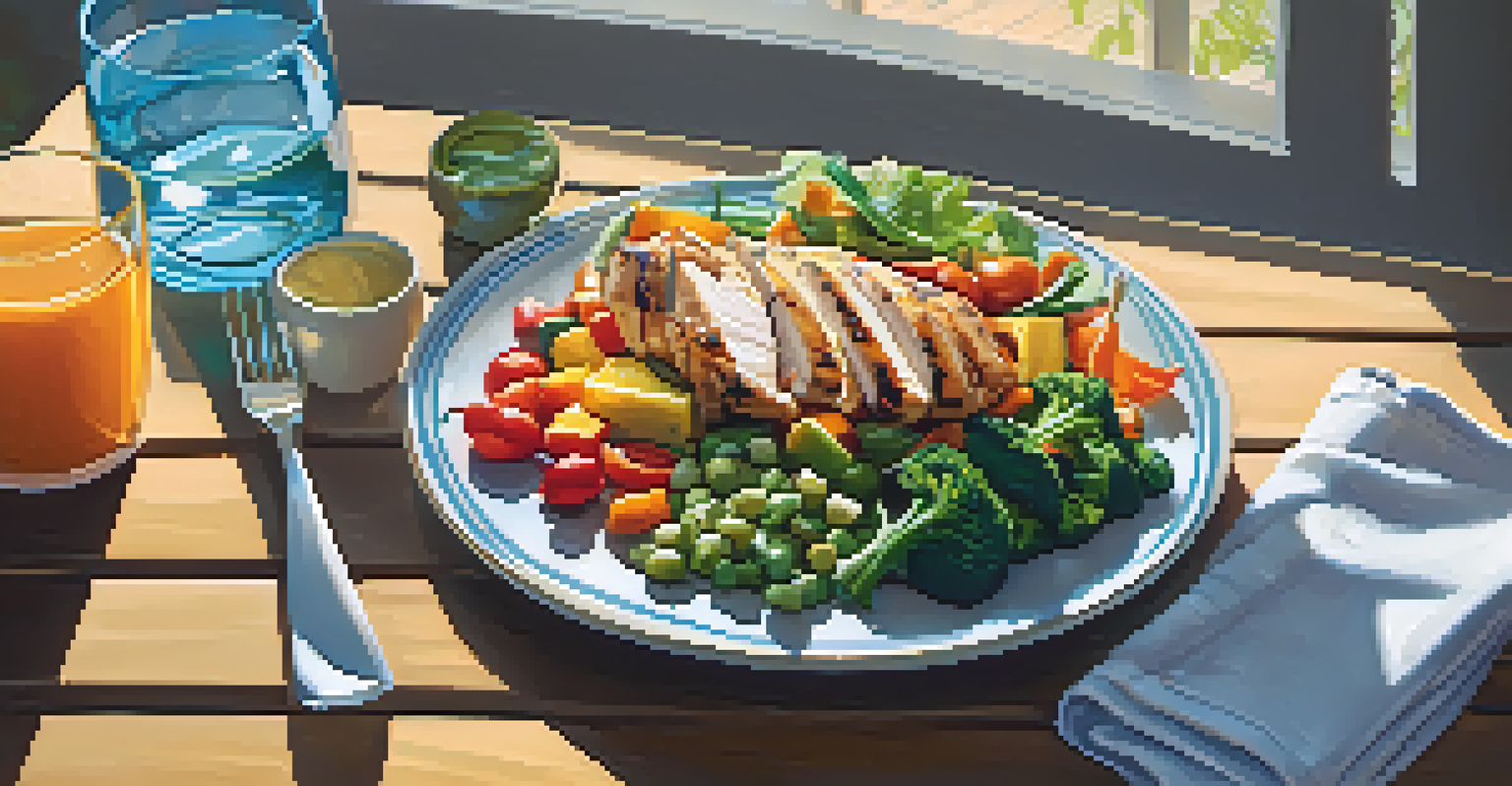 A healthy post-workout meal with grilled chicken, quinoa, and vegetables on a wooden table.