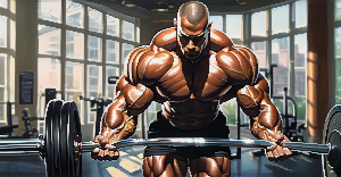 A bodybuilder with defined muscles lifting weights in a bright gym, with sunlight casting shadows.
