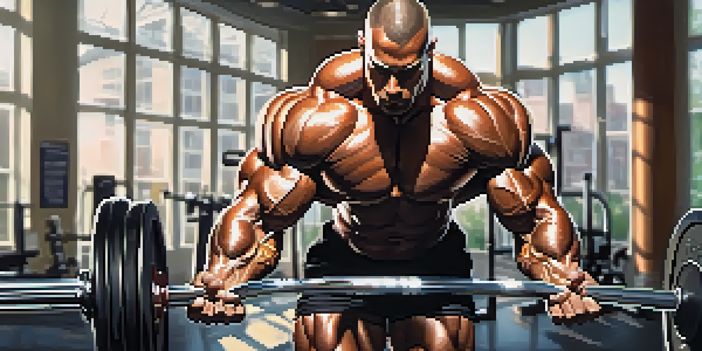 A bodybuilder with defined muscles lifting weights in a bright gym, with sunlight casting shadows.