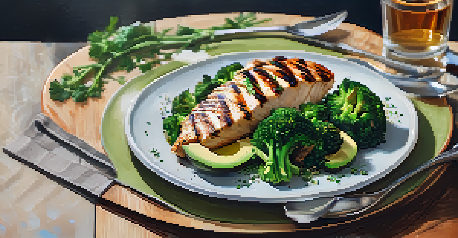 A healthy bodybuilding meal with grilled chicken, broccoli, quinoa, and avocado on a plate, garnished with herbs.