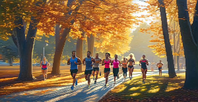 A diverse group of bodybuilders jogging together on a scenic path during sunset, with autumn leaves surrounding them.