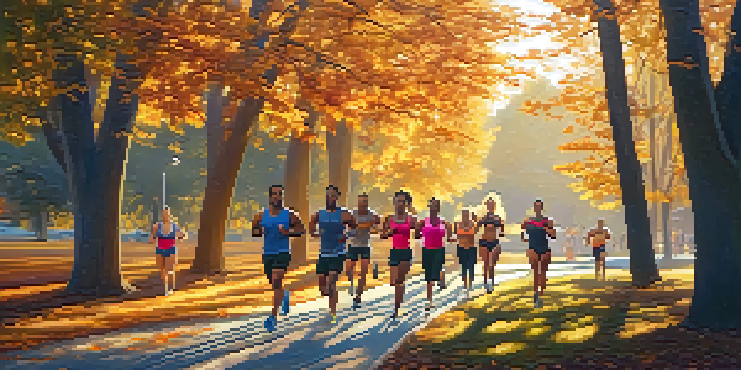 A diverse group of bodybuilders jogging together on a scenic path during sunset, with autumn leaves surrounding them.
