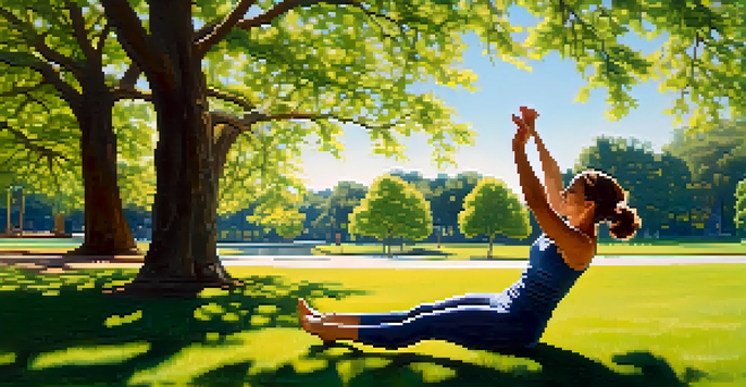 A person stretching dynamically in a sunny park, surrounded by green trees and a clear blue sky.