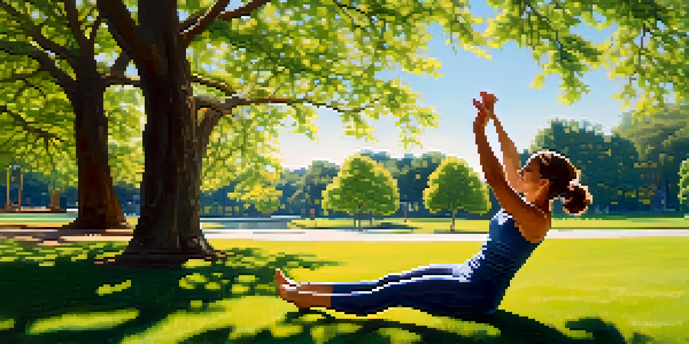 A person stretching dynamically in a sunny park, surrounded by green trees and a clear blue sky.