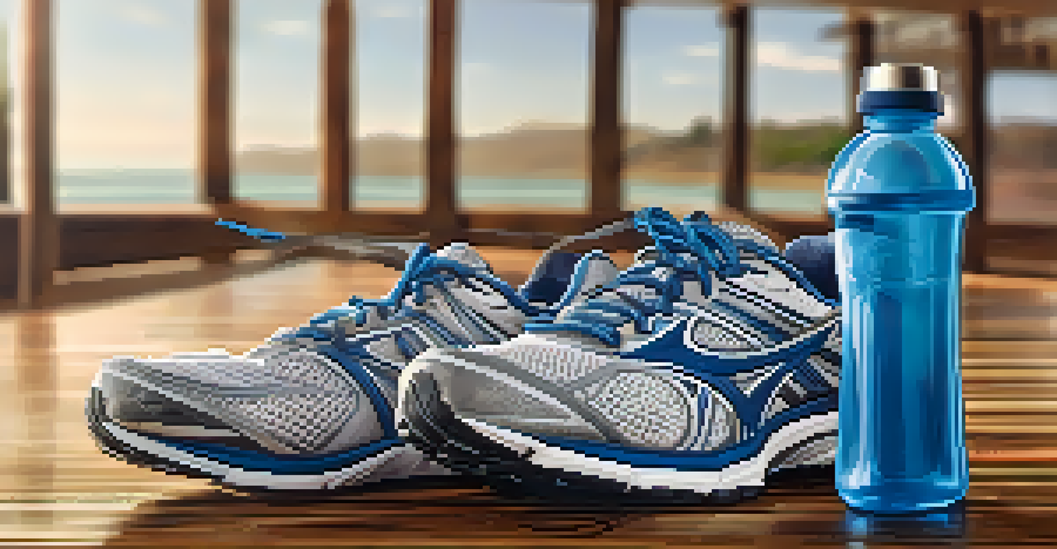 A close-up of colorful running shoes with a water bottle and towel, showcasing fitness and an active lifestyle.
