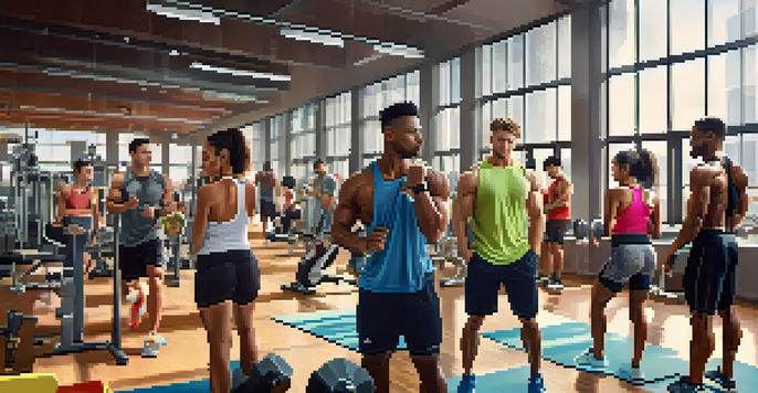A diverse group of young adults exercising in a modern gym, showcasing various bodybuilding activities.