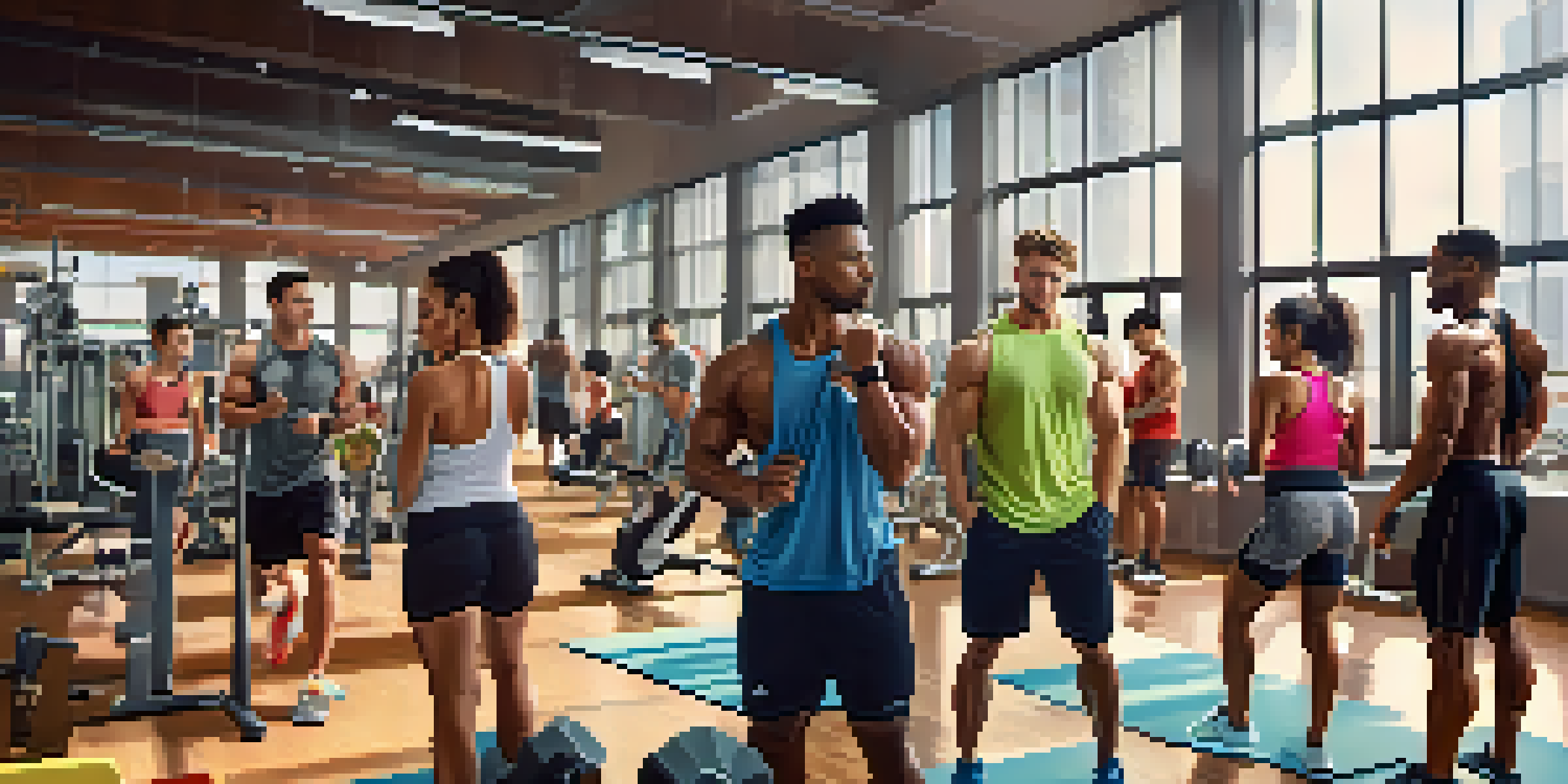 A diverse group of young adults exercising in a modern gym, showcasing various bodybuilding activities.