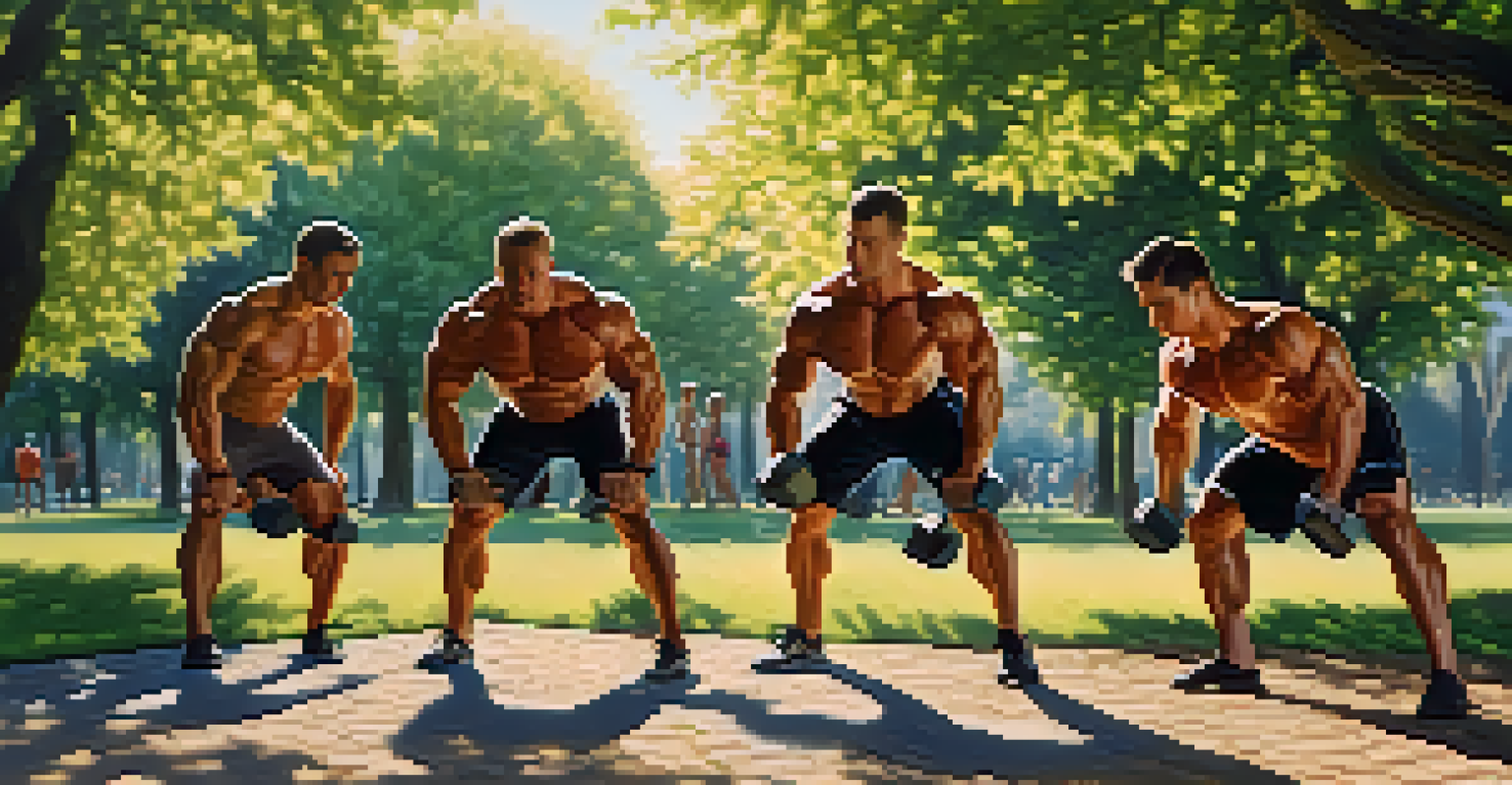 A group of bodybuilders training together in a park, engaged in various exercises surrounded by greenery.