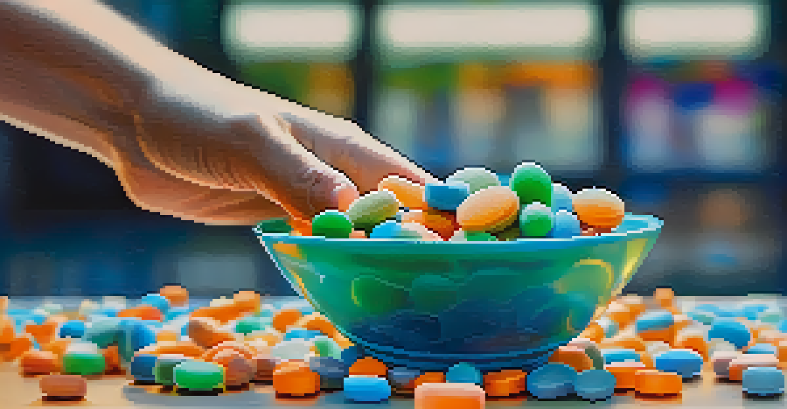 A close-up of a hand holding a bowl of colorful electrolyte tablets against a blurred gym background.