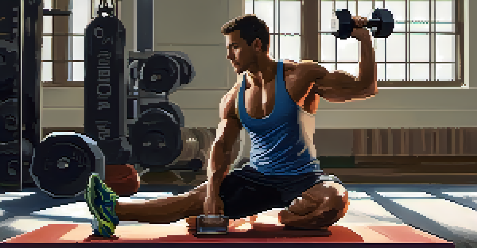 An athlete in a gym stretching with a fish oil supplement bottle in hand, embodying focus and determination.