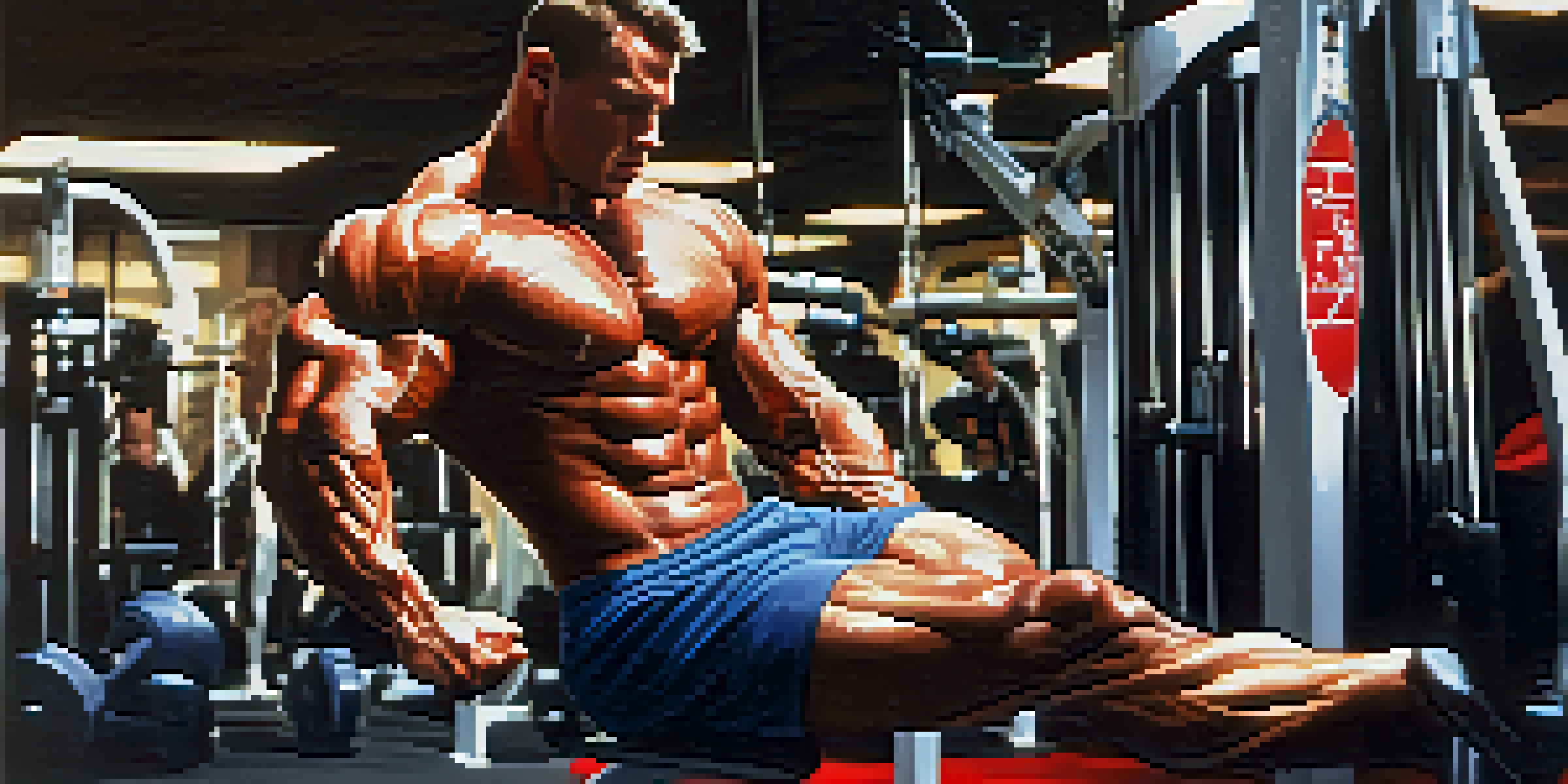 A bodybuilder performing leg swings in a gym, showcasing muscle definition and vibrant gym equipment.