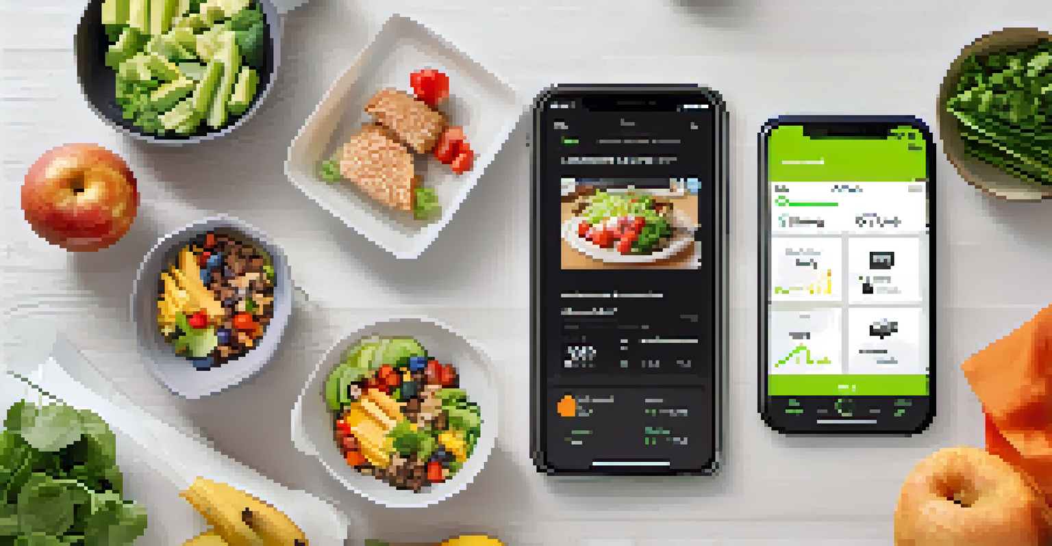An overhead view of a fitness app on a smartphone beside healthy food and a protein shake.