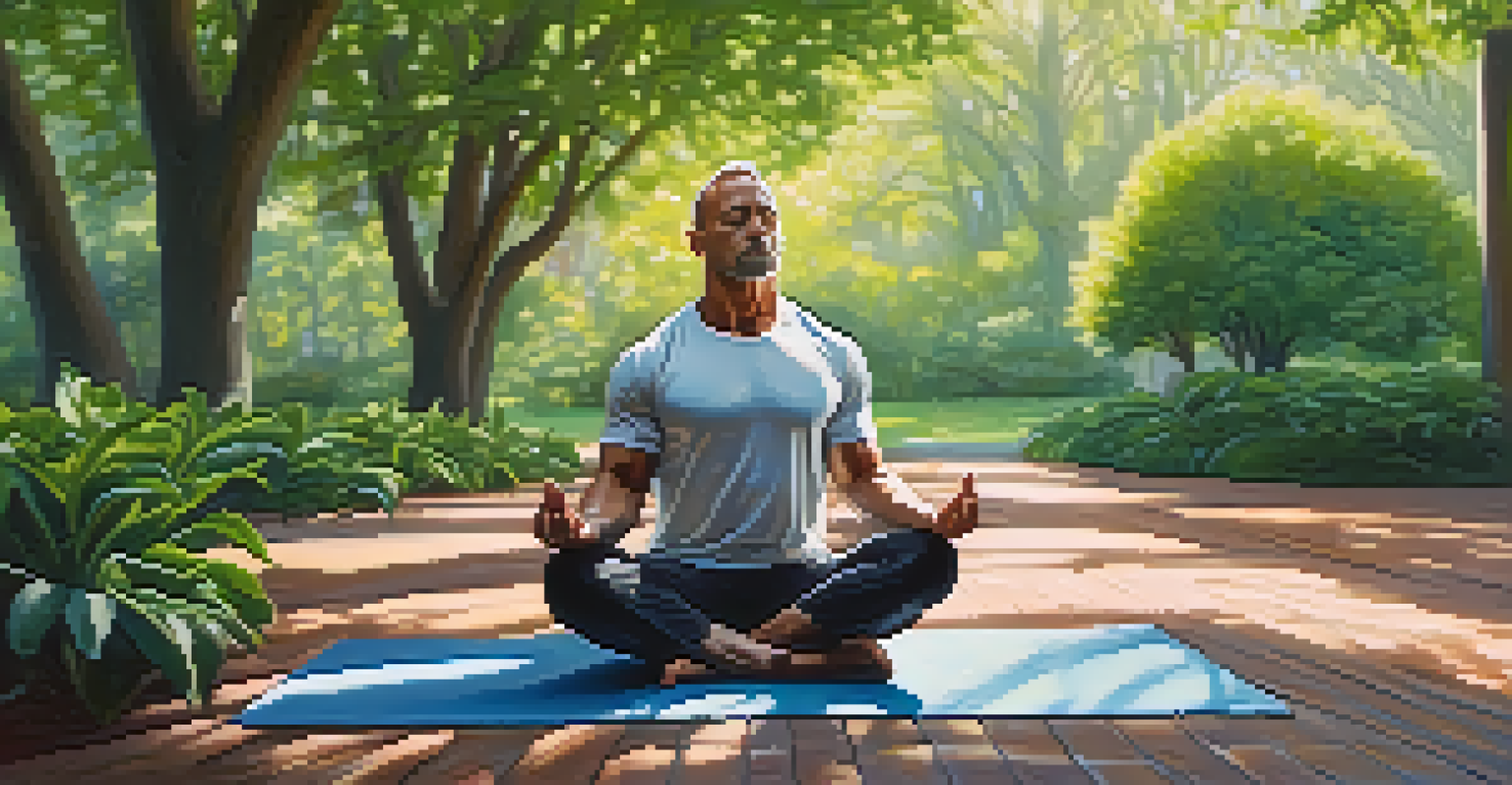 A bodybuilder meditating on a yoga mat in a park, surrounded by greenery and sunlight filtering through trees.