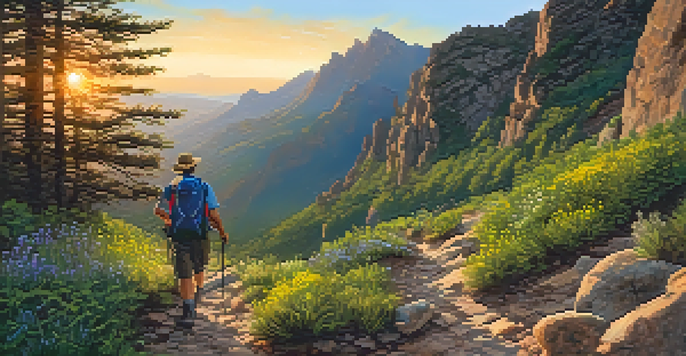A hiker on a mountain trail during sunset, surrounded by greenery and flowers.