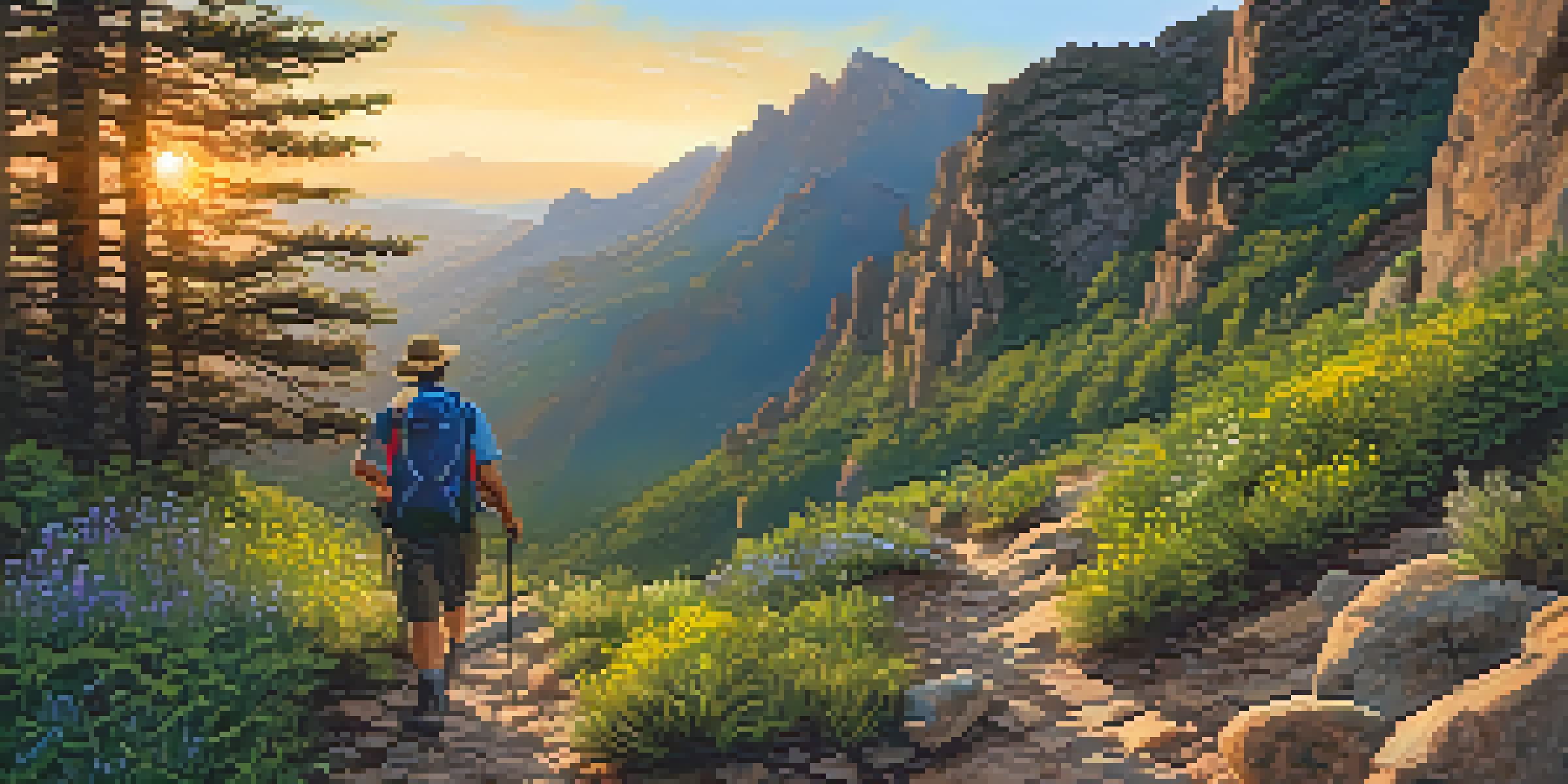 A hiker on a mountain trail during sunset, surrounded by greenery and flowers.