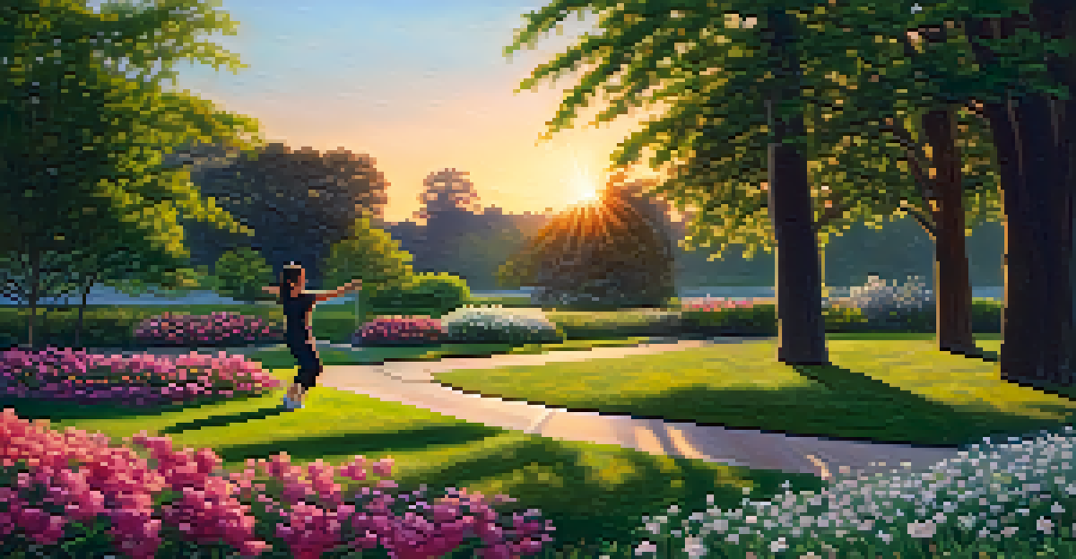 A person stretching in a park after a run, surrounded by flowers and greenery, with a warm sunset in the background.