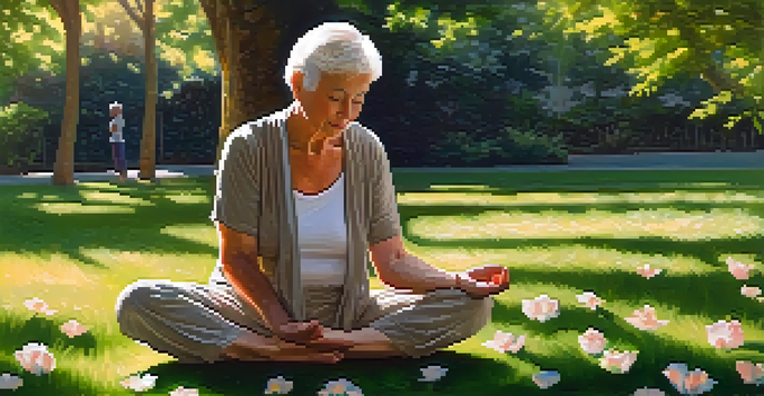 An older adult practicing yoga in a park with sunlight filtering through the trees, showcasing flexibility and tranquility.