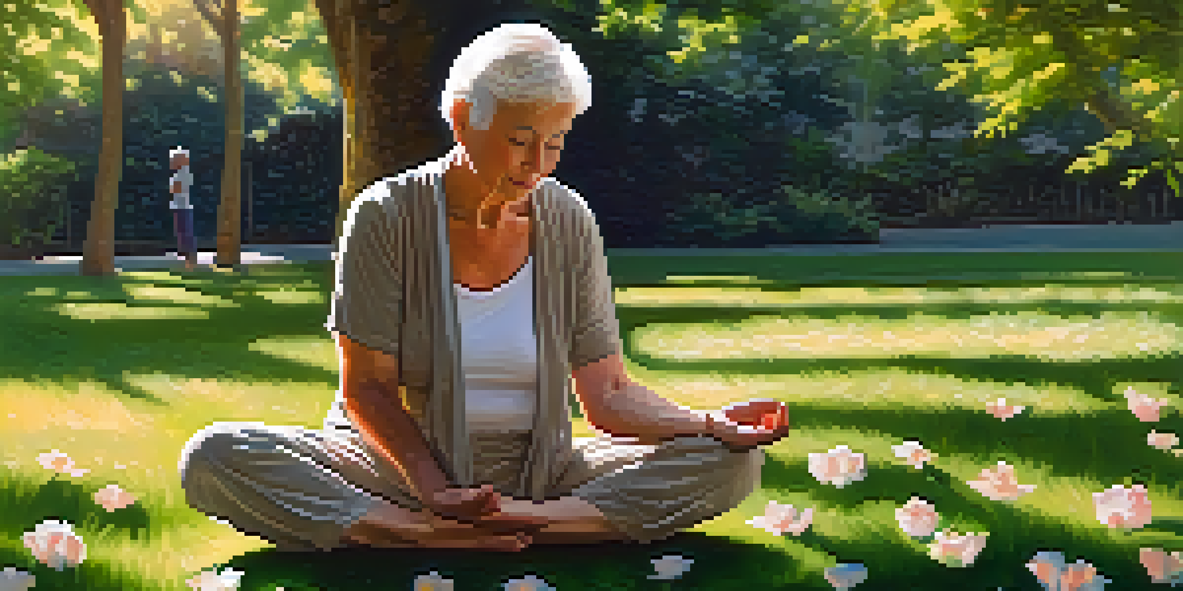 An older adult practicing yoga in a park with sunlight filtering through the trees, showcasing flexibility and tranquility.