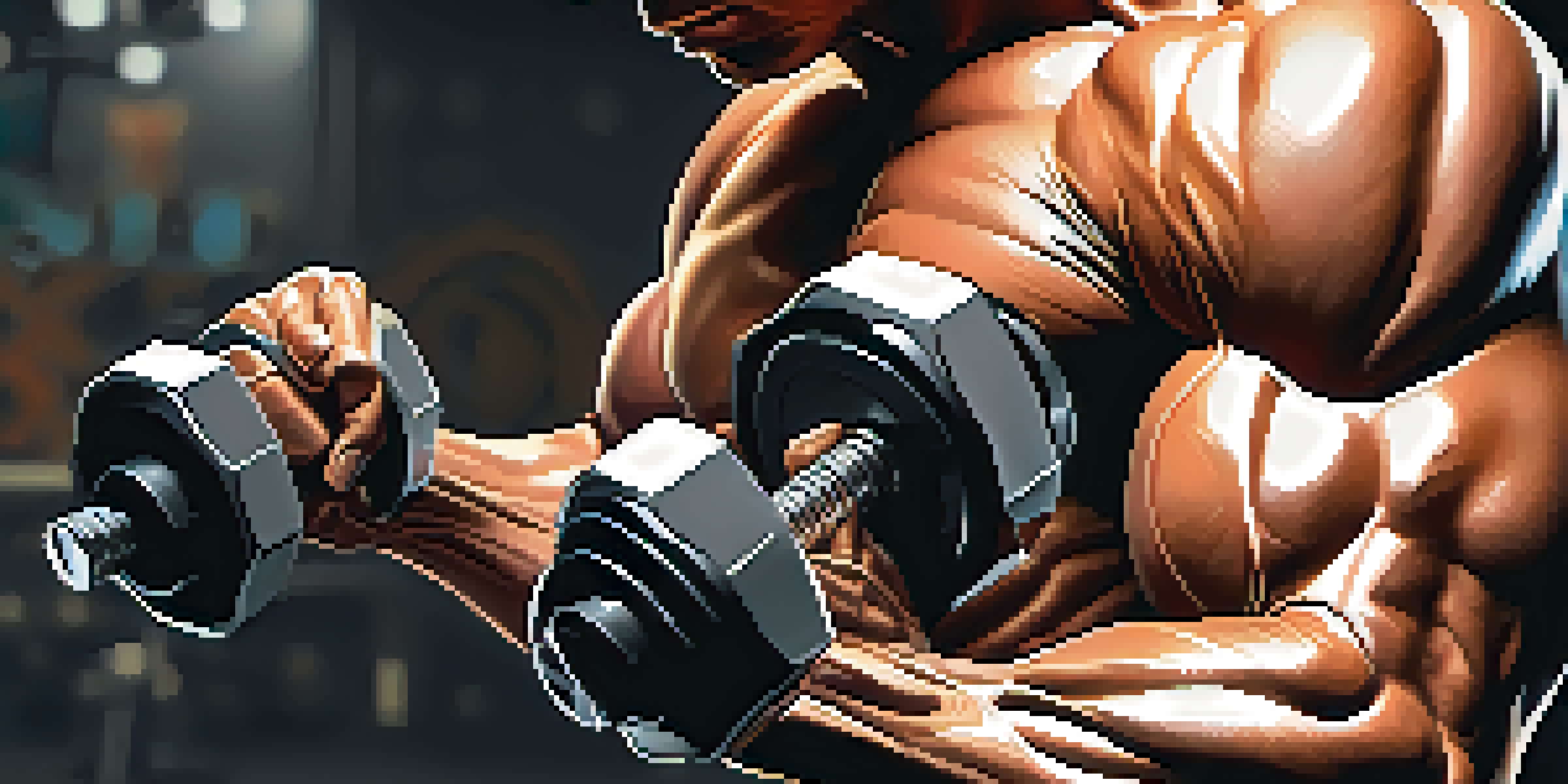 A close-up of a muscular arm lifting a dumbbell in a gym setting, highlighting the definition of the muscles.