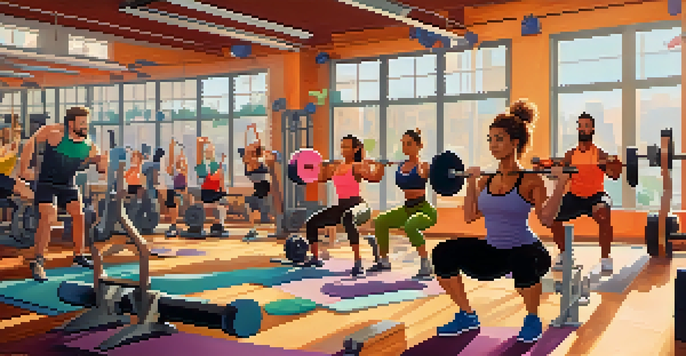 A diverse group of individuals training in a bright gym, focusing on a woman lifting weights with determination.