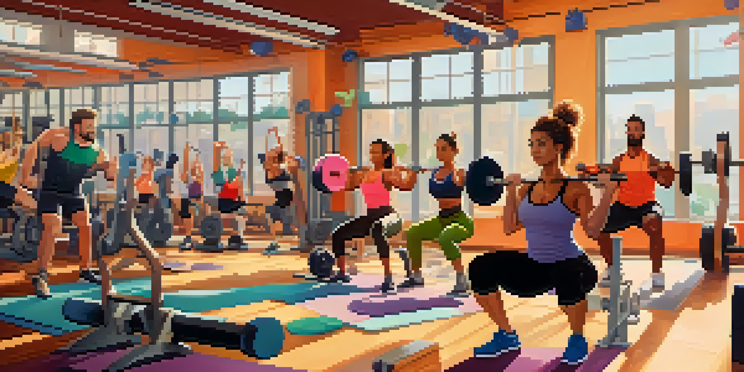 A diverse group of individuals training in a bright gym, focusing on a woman lifting weights with determination.