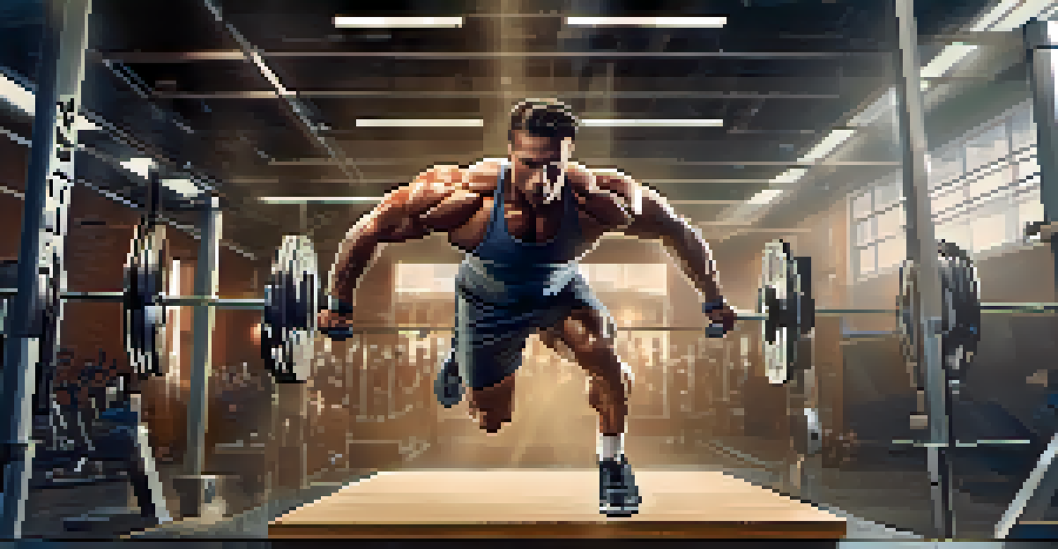 A bodybuilder mid-air performing a depth jump from a box in a modern gym setting.