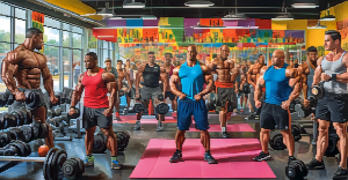 A diverse group of bodybuilders working out in a bright gym, showcasing determination and motivation.