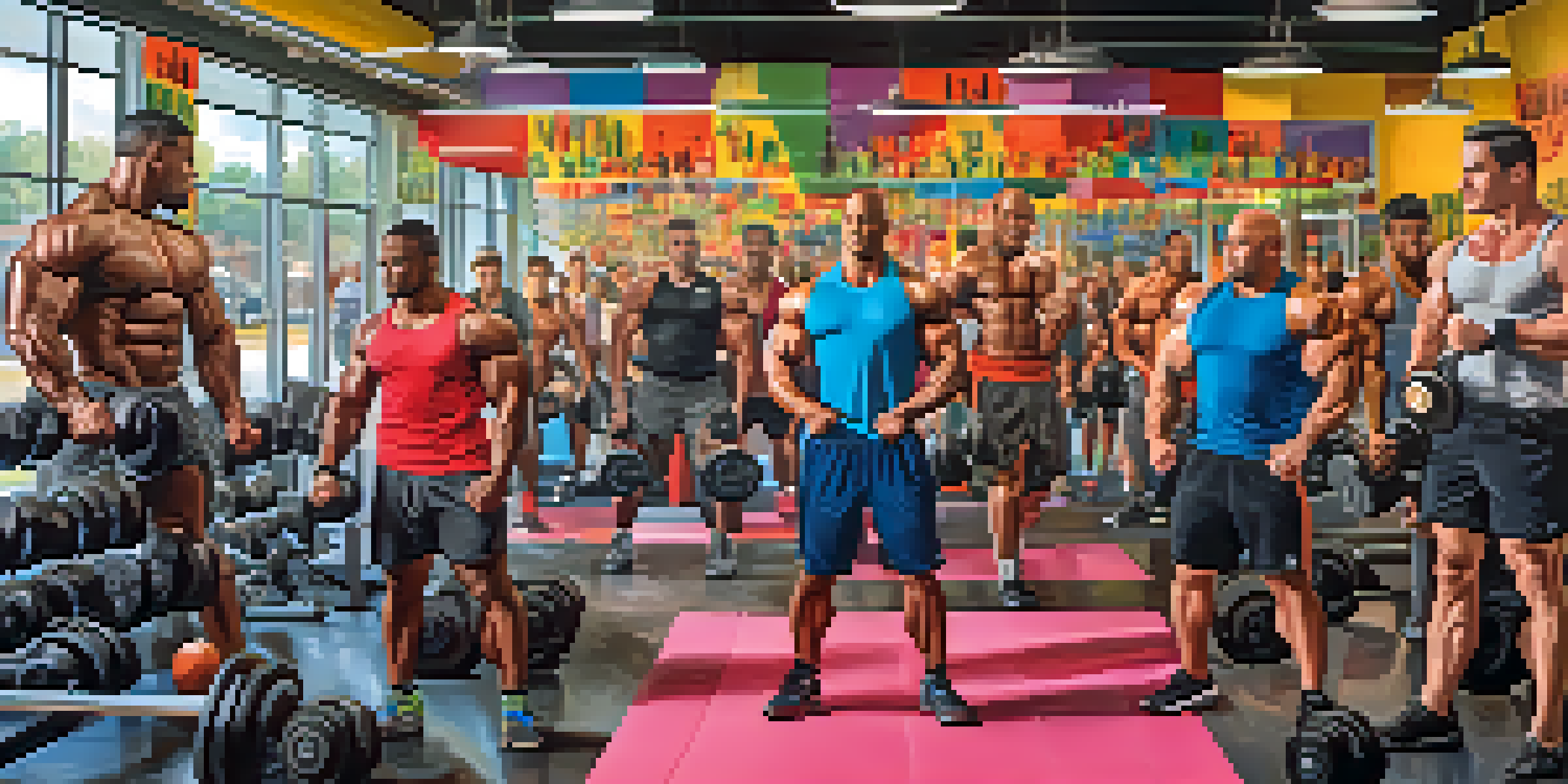 A diverse group of bodybuilders working out in a bright gym, showcasing determination and motivation.
