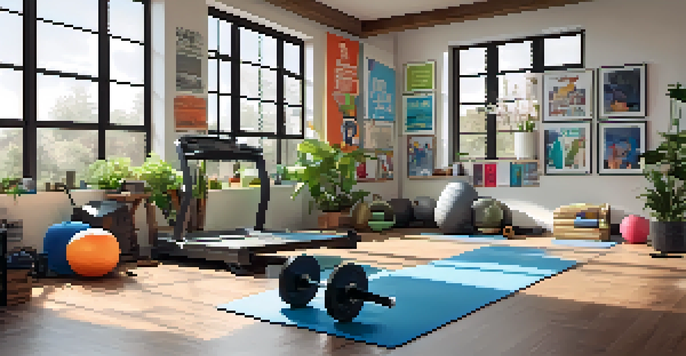 A bright home gym with strength training equipment and motivational posters on the walls.