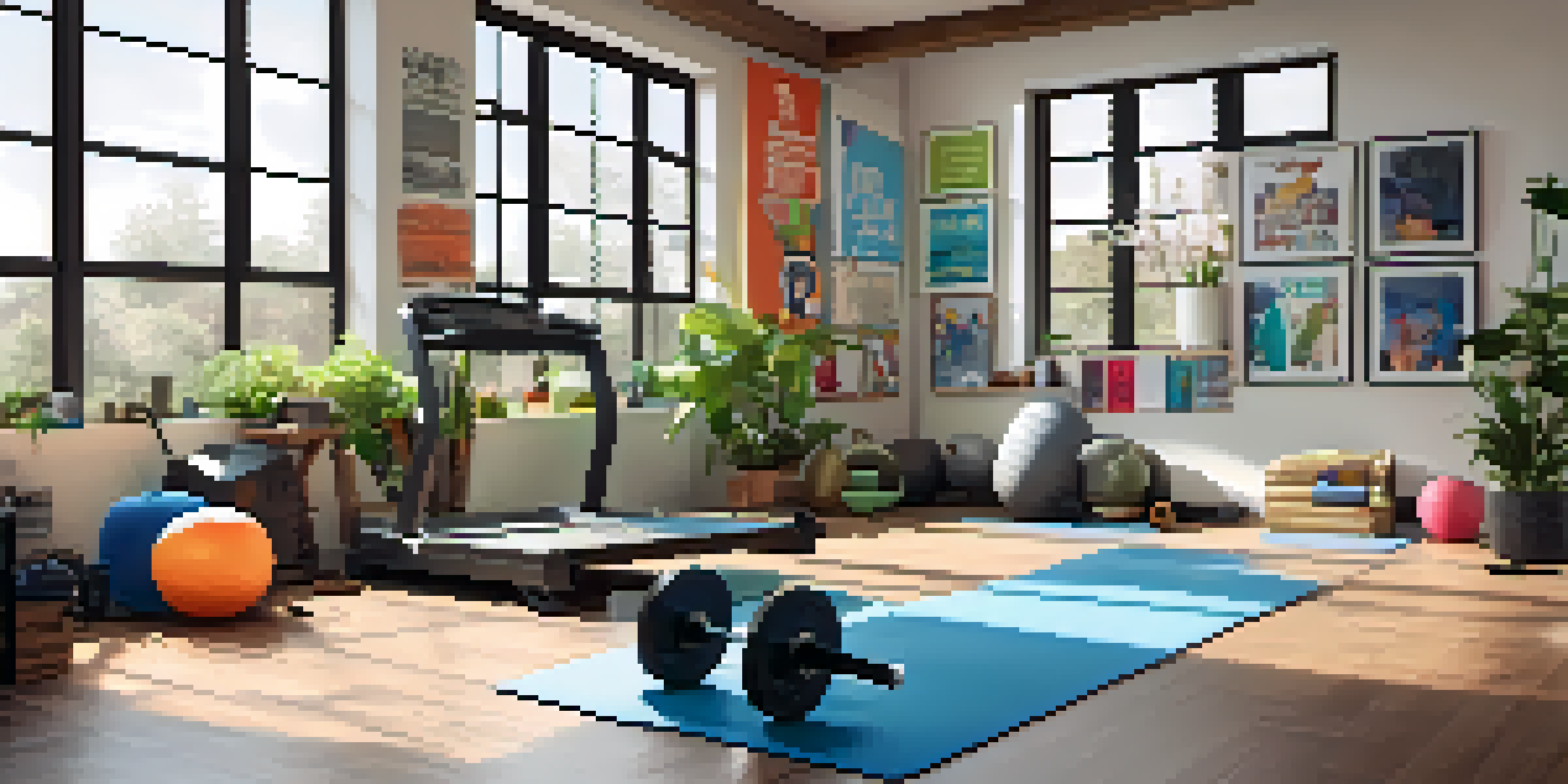 A bright home gym with strength training equipment and motivational posters on the walls.