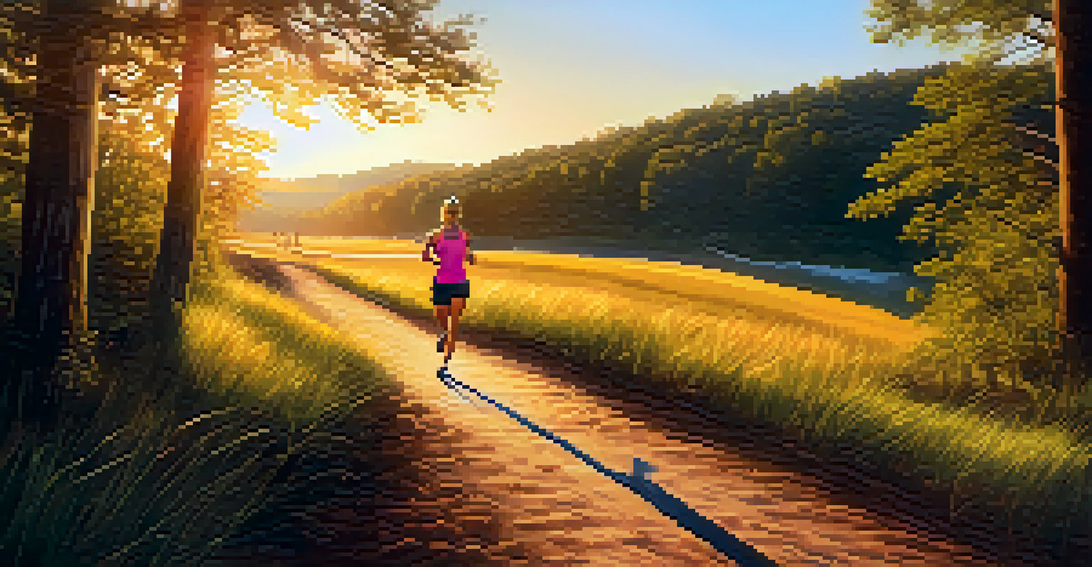 A runner training outdoors during sunset, wearing sporty gear and a fitness tracker, focused on the path ahead.