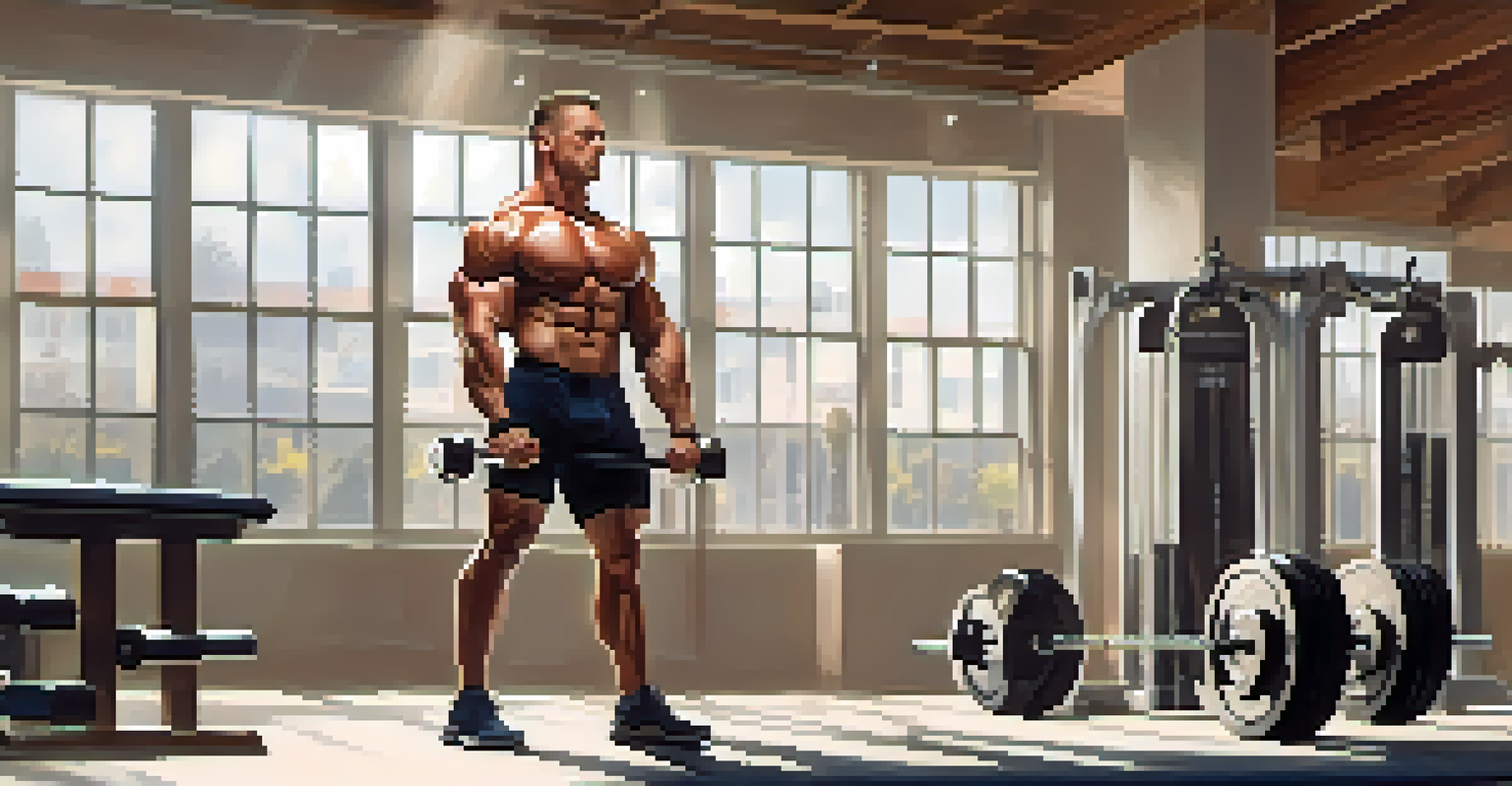 A bodybuilder lifting weights in a sunlit gym, with omega-3 rich foods like salmon and walnuts on a nearby bench.