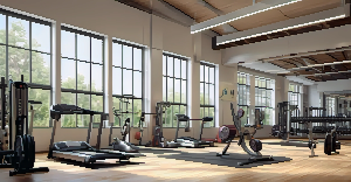A bodybuilder lifting weights in a well-lit gym with natural sunlight and motivational posters in the background.